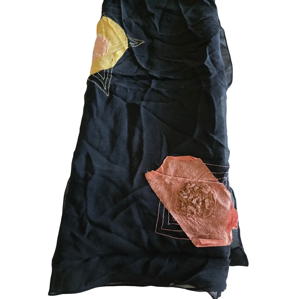 ART To Wear Scarf Mixed Media Lagenlook Embroidered Black Chiffon Unique